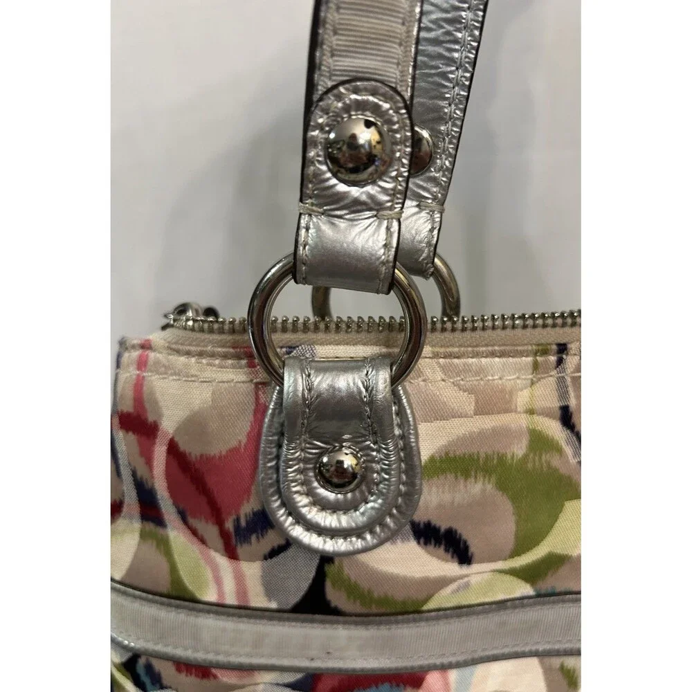 Coach Poppy Ikat Signature C Glam Shoulder Tote Bag Watercolor Print Silver Trim